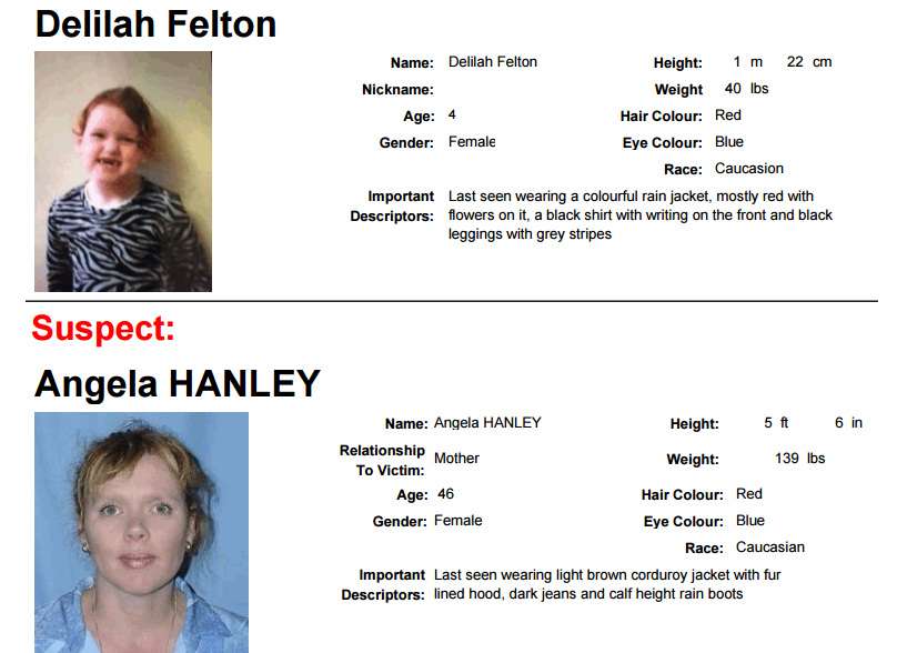 Quien tenga información de Delilah Felton o Angela Hanley, llamar inmediatamente al 9-1-1. Foto suministrada por VPD