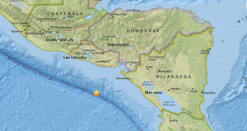 El potente sismo fue sentido con mayor intensidad en la zona central de El Salvador. Foto USGS y Google Maps